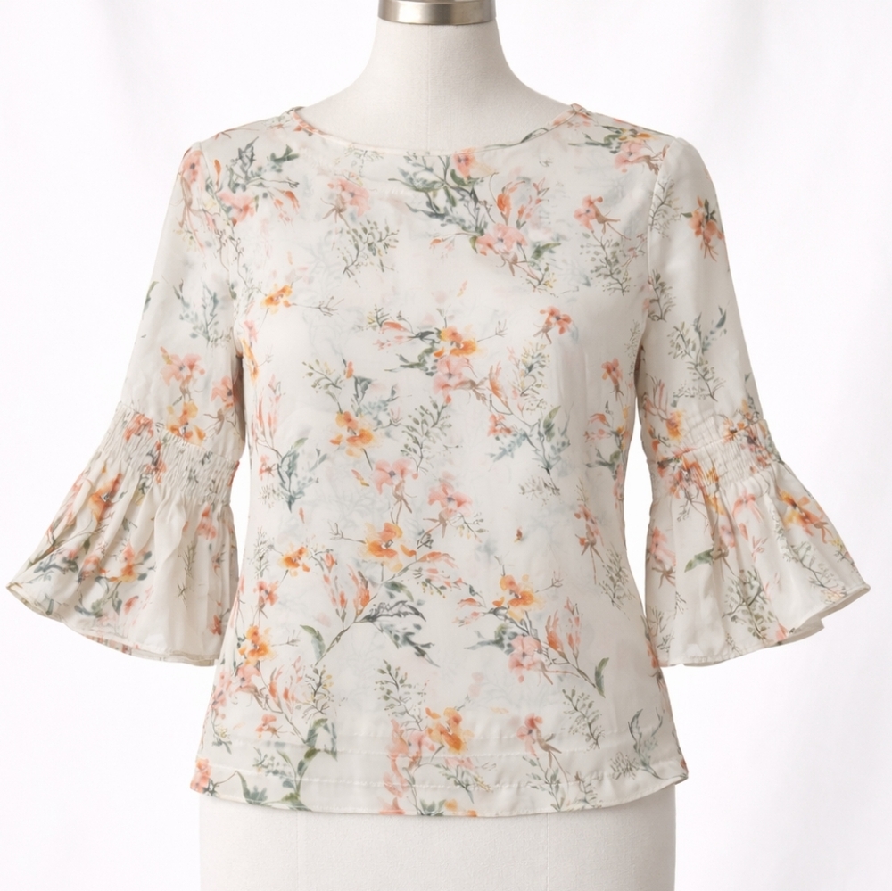 Tabitha Webb Floral Bell Sleeve Blouse | Cream Peach Print | Feminine Romantic